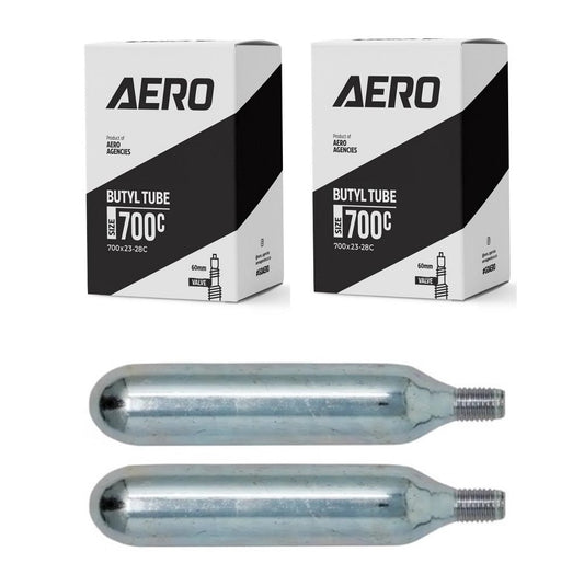 AERO 700c 60mm Road Tubes (2) PLUS 2 CO2 Cartridges